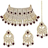Aheli Indian Traditional Bollywood Pearl Kundan Necklace Earrings with Maang Tikka Jewelry Set Gift for Women
