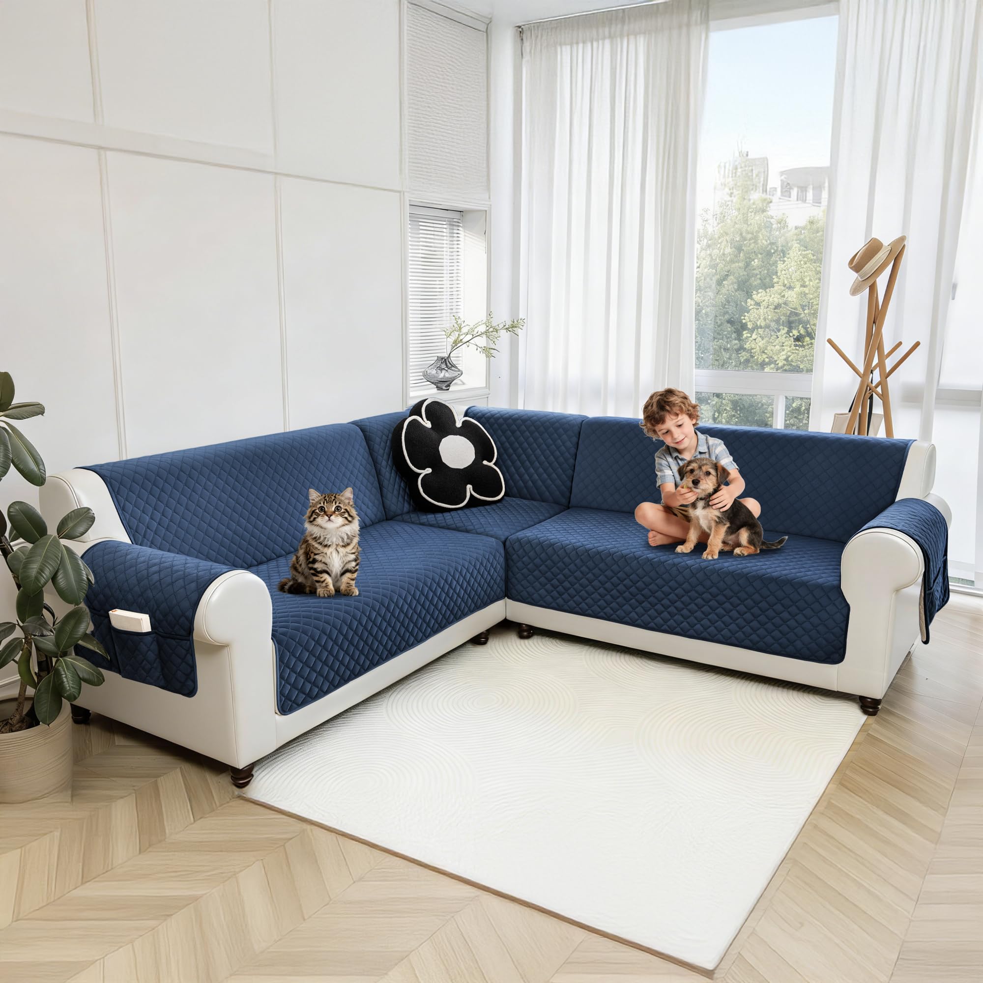 Photo 1 of SYJOVIA Sectional Couch Covers for Dogs 100% Waterproof Corner L Shaped Sofa Cover Pet Friendly Velvet Washable Anti Slip L Shape Modular Sofa Slipcover Protector with Pockets (Navy Blue, Large)