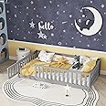 Twin Floor Bed with Safety Guardrails for Kids, Rubber Wood Montessori Bed with Slats and Convertible Door, Twin Size Bed Frame for Girls and Boys,No Box Spring Needed,Grey