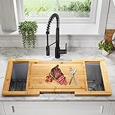 DAOYOUSKY Bamboo Expandable Over The Sink Cutting Board with Juice Groove for kitchen, Wooden Kitchen Sink Cover Chooping Board for Counter Space