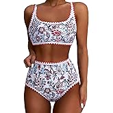 SUUKSESS Women High Waisted Bikini Set Floral Print Color Block 2 Piece Swimsuit