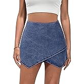 luvamia Jean Skorts for Woman High Waisted Pull On Stretchy Denim Wrap Skirt with Shorts Trendy Asymmetrical Skort