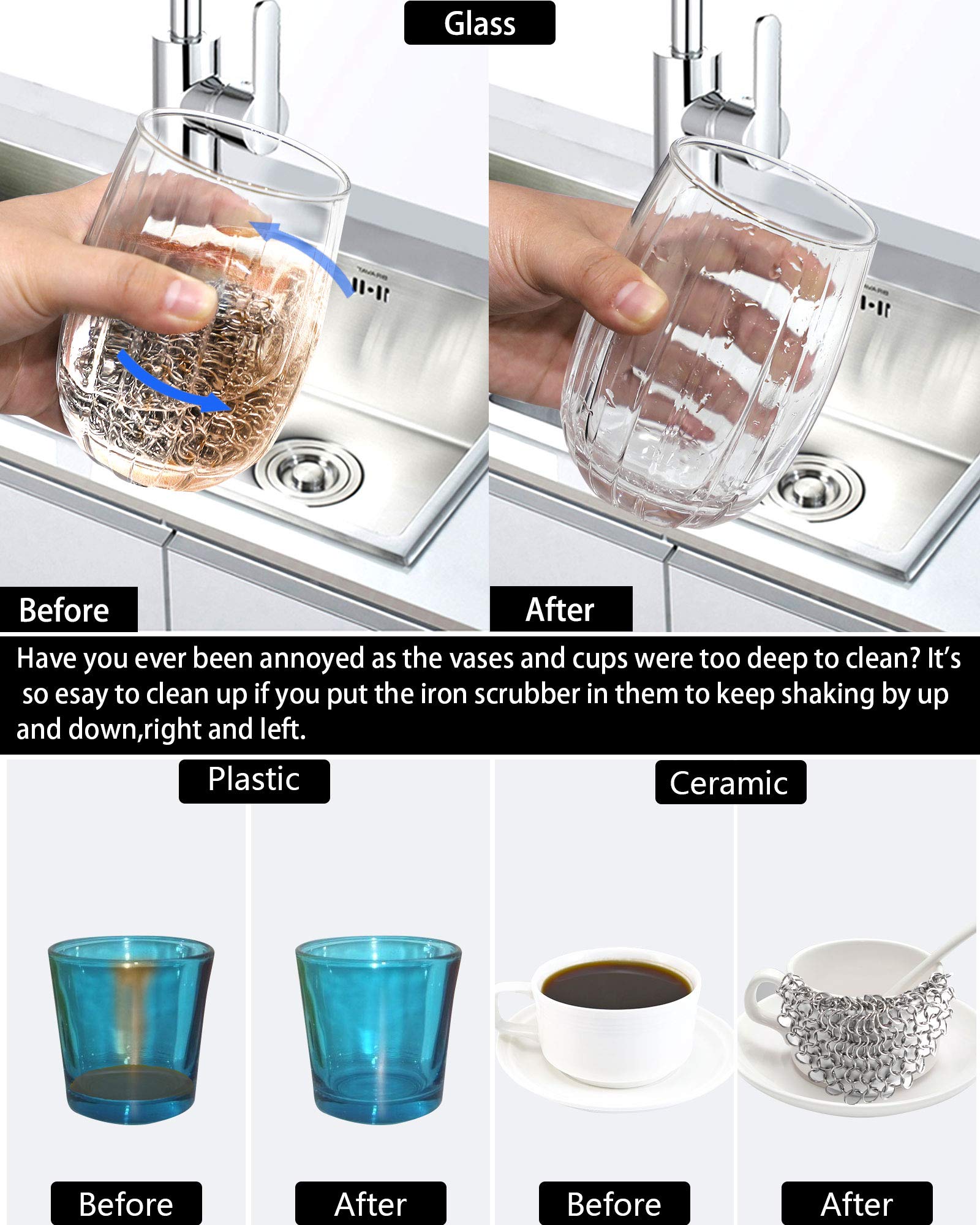 ONEEKK Cast Iron Skillet Cleaner Chainmail,2 Pack Premium Stainless Steel Chain Maille Scrubber for Cast Iron Pans,Stainless Steel,Glassware(7IN &5IN Round)