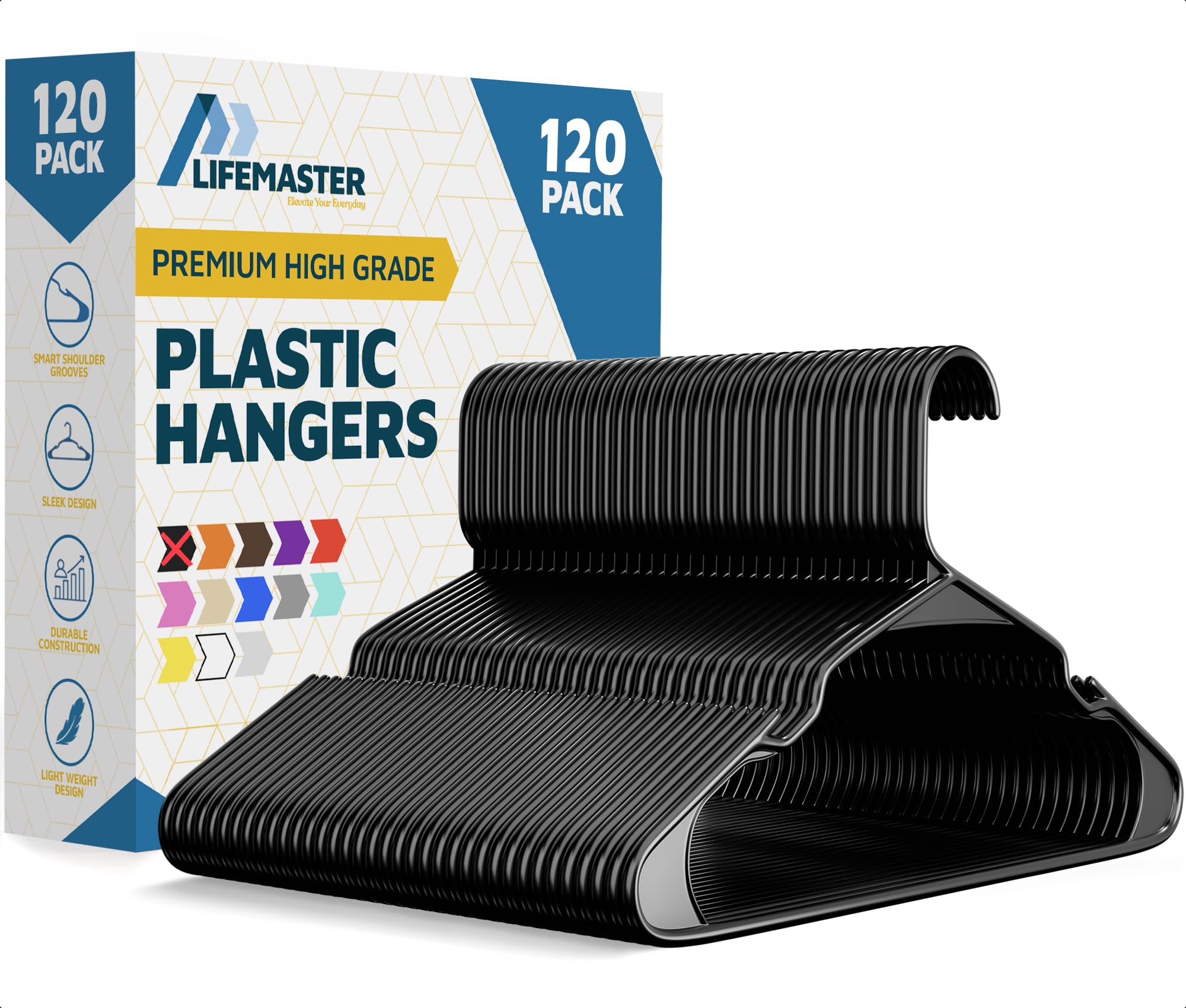 Lifemaster Plastic Clothes Hanger Set - 120 Pieces Versatile, Lightweight, Space-Saving, Non-Slip, Slim Designed, Dry and Wet Clothes Hanger Set - Black Image