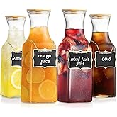 35 Oz Square Glass Carafe with Bamboo Lid, Beverage Dispensers,Mimosa Bar Supplies,Clear Glass Pitcher with Name Labels for Iced Tea,Coffee,Juice(Pack of 4)