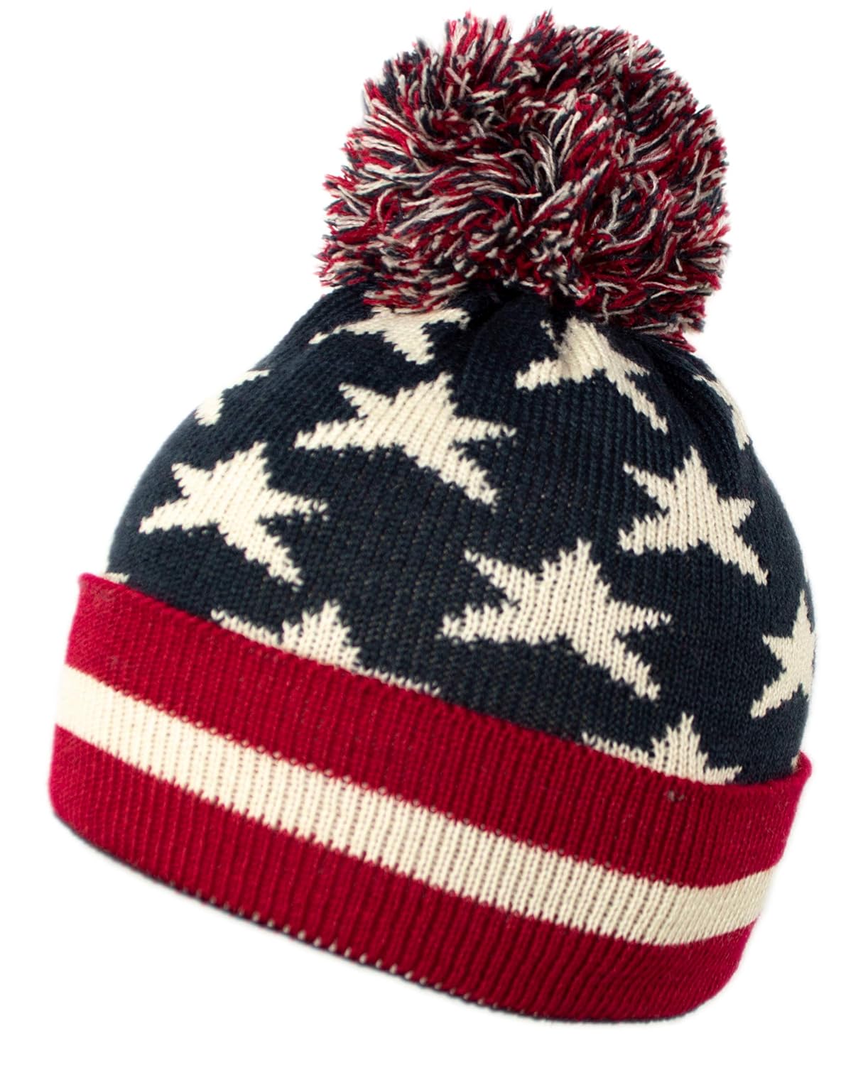 Patriotic Vintage American Flag Beanie with Large Pom, Knit American