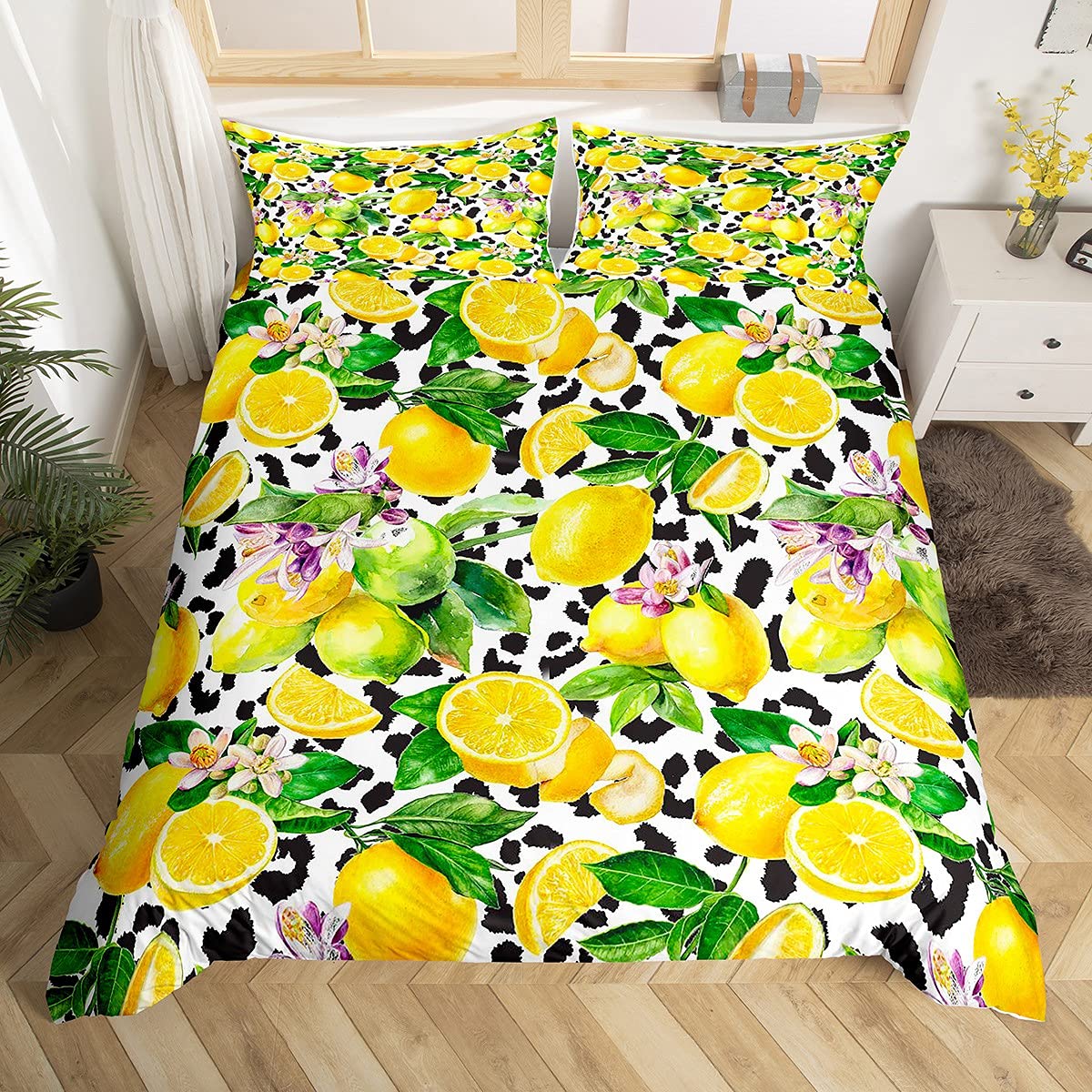 Homemissing Yellow Lemon Duvet Cover Fresh Fruit Bedding Set Black White Cow Comforter Cover for Kids Adults Green Leaves Purple Flowers Bedding & Linen 2Pcs With 1 Pillow Case Single Size