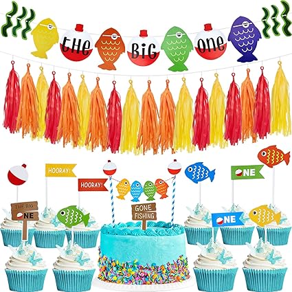 The Big One Fish Cake Topper First Birthday Party Banner And
