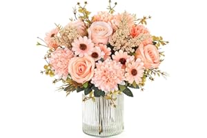 Dremisland Artificial Flowers Like Real Artificial Bouquet 2 Packs Silk Artificial Roses Bouquet with Daisy Chrysanthemum Cha