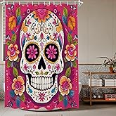 TheBlackSpot Sugar Skull Mexican Shower Curtain Sets Halloween Bath Curtains Decor Sets Grommet with Hooks (72W×72L inches)