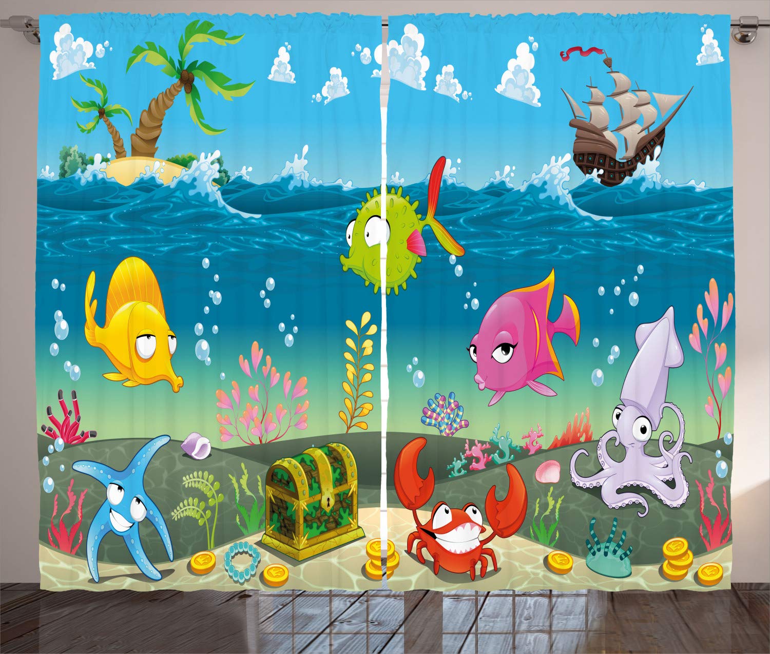 ABAKUHAUS Animal Curtains, Funny Sea Animals Underwater Ocean View Sail Boat Palm Trees Cartoon Artwork, Living Room Bedroom Window Drapes 2 Panel Set, 280 x 175 cm, Aqua Green — image 1