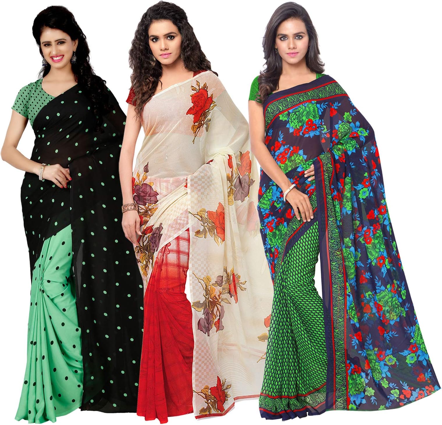 Kashvi sarees georgette with blouse piece Saree (Pack of 3) (TRIO_1080_1107_1_1262_2_ Multi_ One Size)