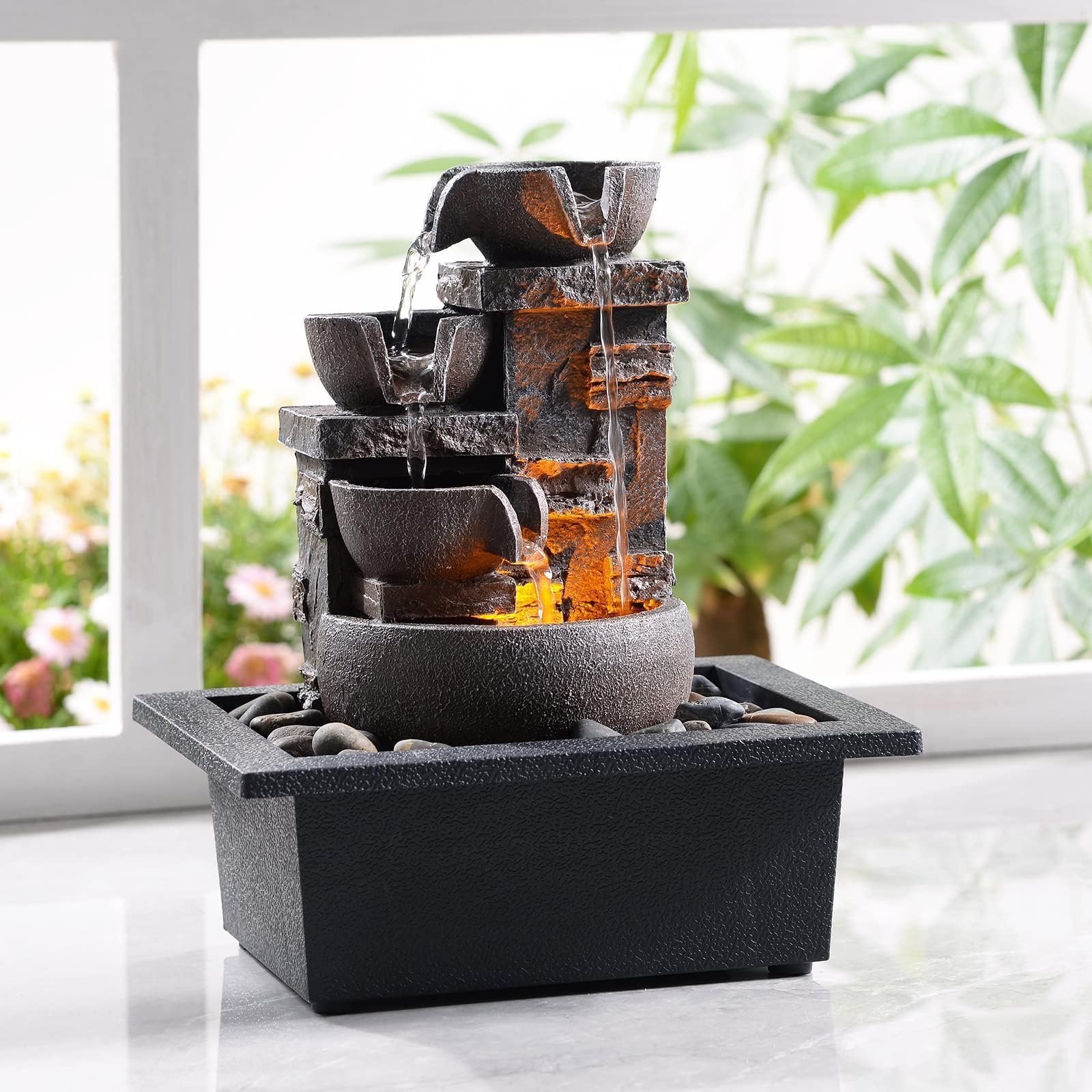 Photo 1 of Kalona Décor Desktop Fountain - 10" 4-Tier Design with Imitation Stone, Indoor Waterfall Tabletop River Rocks & Resin Material for Serene Meditation & Relaxation - Ideal for Home & Office Decor