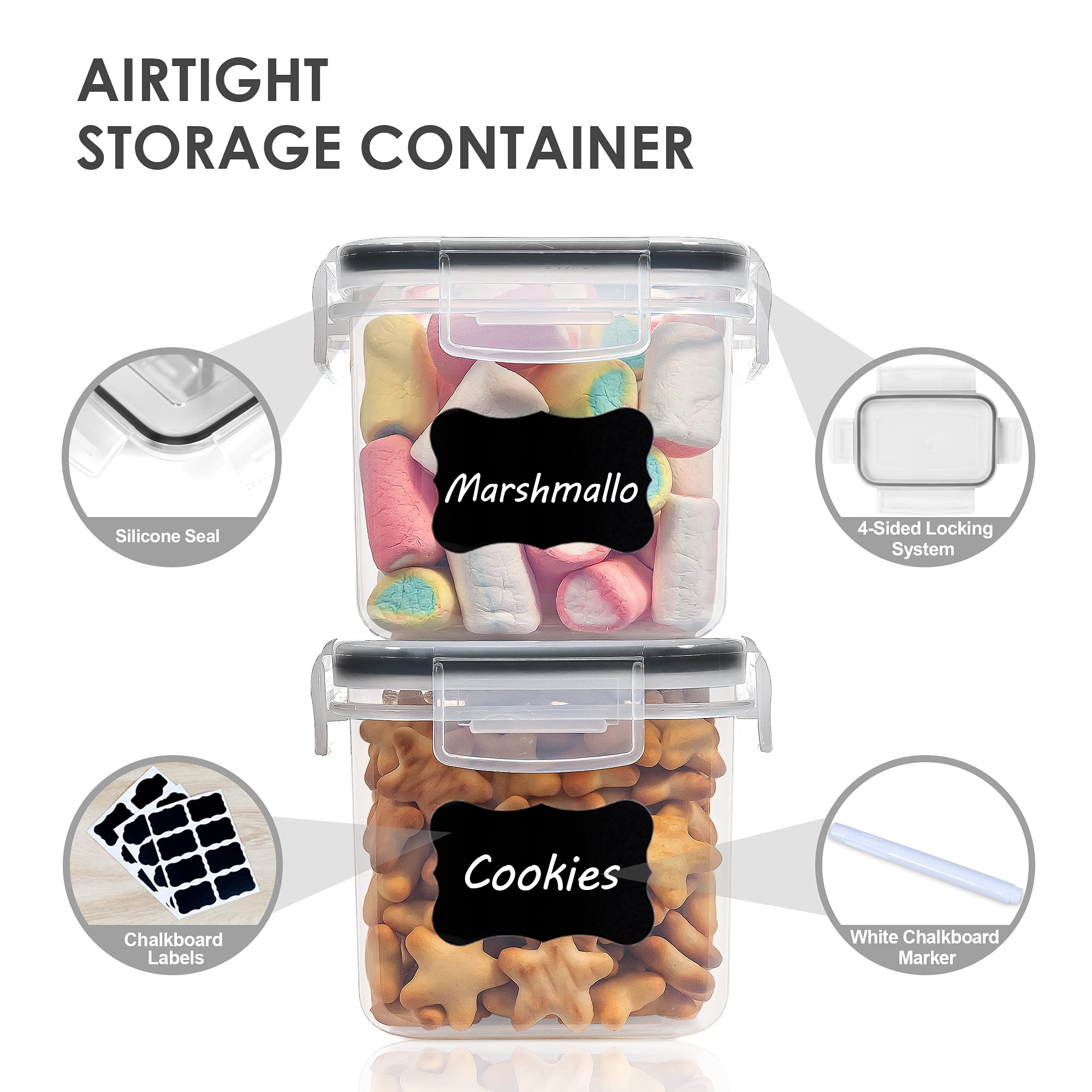 Vtopmart 0.8L Vorratsdosen Set, Müsli Schüttdose & Frischhaltedosen, BPA frei Kunststoff, luftdicht,Trockenfutterbehälter, Satz mit 12, 24 Etiketten für Getreide, Mehl, Zucker (Schwarz) 4