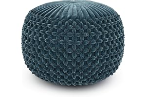 SIMPLIHOME Renee Boho Round Pouf in Teal Velvet Fabric for the Living Room, Bedroom and Kids Room