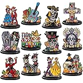 Wesiti 12 Pcs Day of The Dead Table Decorations Wooden Mexican Dia De Los Muertos Altar Centerpiece Halloween Sugar Skull Table Topper Decor Skeleton for Mexican Fiesta Tiered Tray Decor Party Favor