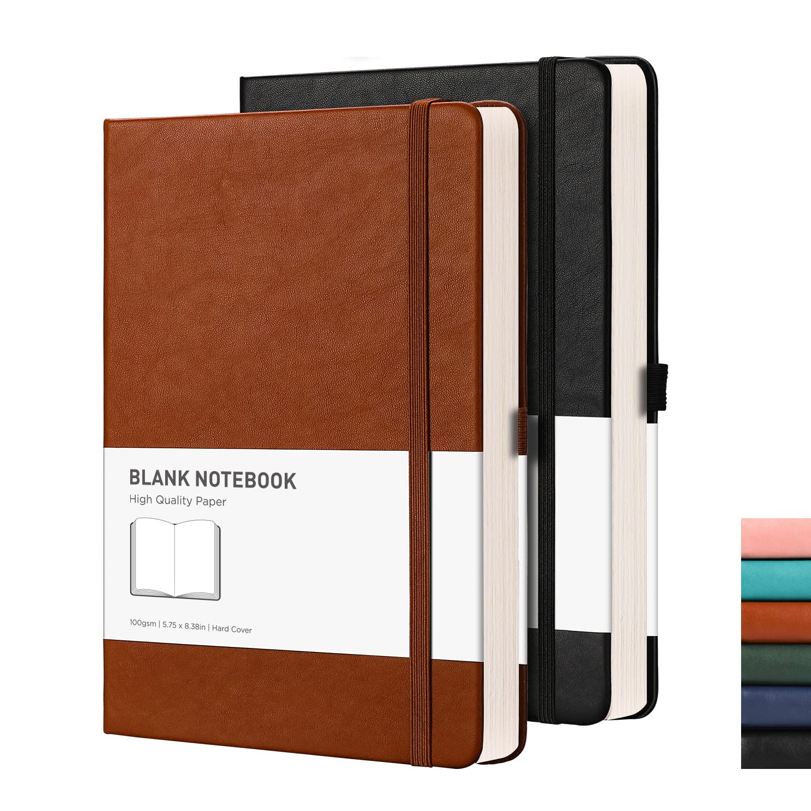 RETTACY Blank Notebook A5 Plain Notebook 2 Pack - 384 Pages Unlined Notebook with 100gsm Blank Paper, Pen Holder, Inner Pocket, for Sketch School Women Men 14.5 x 21cm - Black Brown