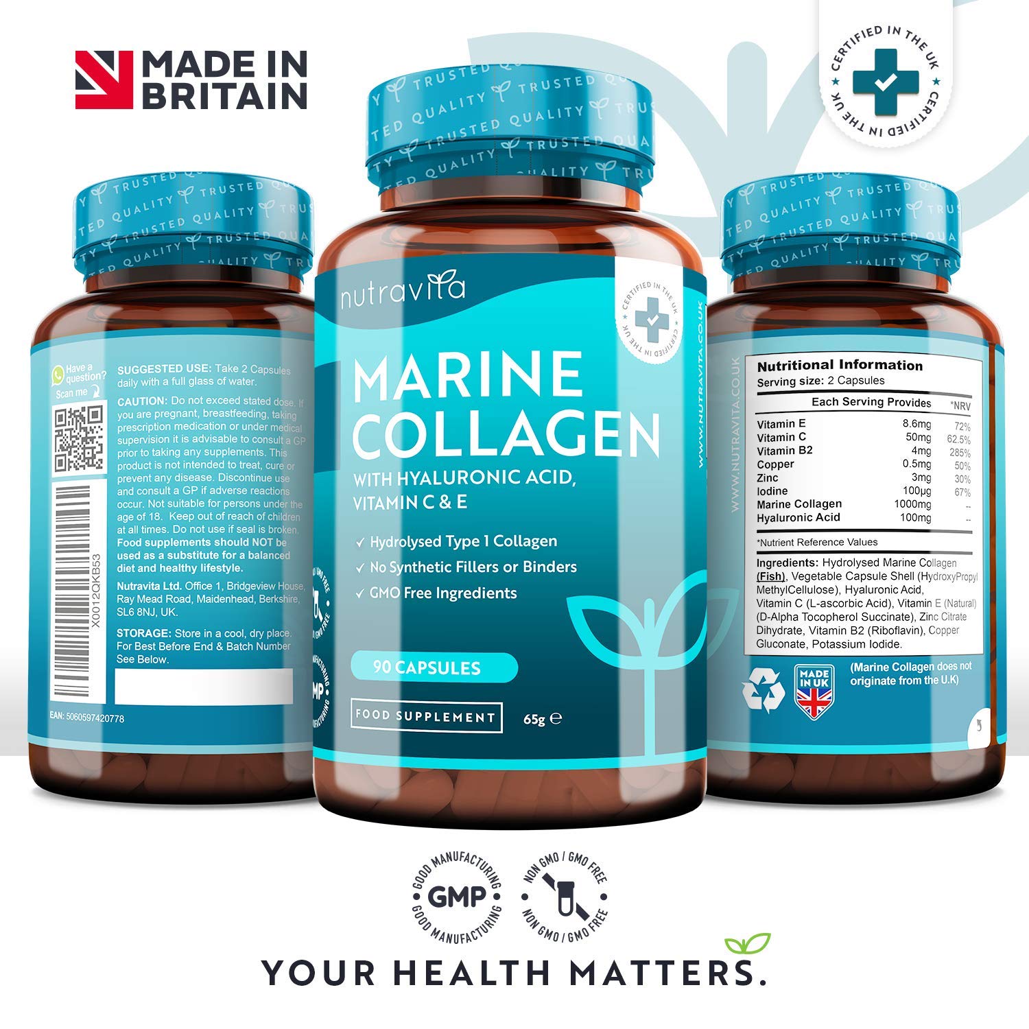 Marine Collagen 1000mg - 90 Capsules of Superior Type 1 Hydrolysed ...