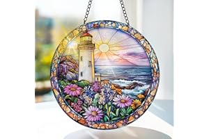 Bimkole Lighthouse Stained Glass Suncatcher Window Hanging - Flower Scenery Indoor Window or Doorway Decoration - Handmade Su