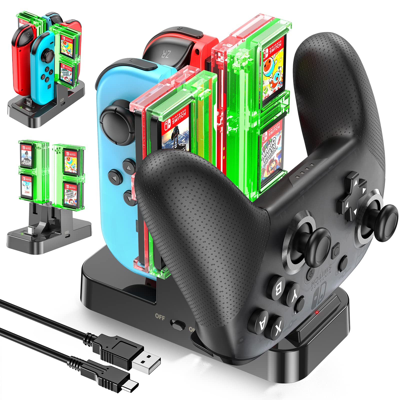 Joy-Con Charging Stand, 4 Simultaneous Charging, OIVO Joycon Charger, Includes Charging Instruction LED, 8 Game Disc Storage, USB-C Charging Cable Included