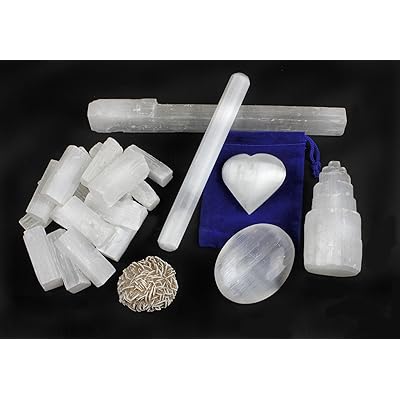 Koleksi Perlindungan Selenite: 1.5- 2 "Sticks (17-20 pcs), Palm Stone, Heart, Tower, 8" Stick, 5.5 "Massage Wand, Desert Rose stone, Kad pengenalan pendidikan, Penyembuhan, Keseimbangan Chakra, Tenaga yang baik