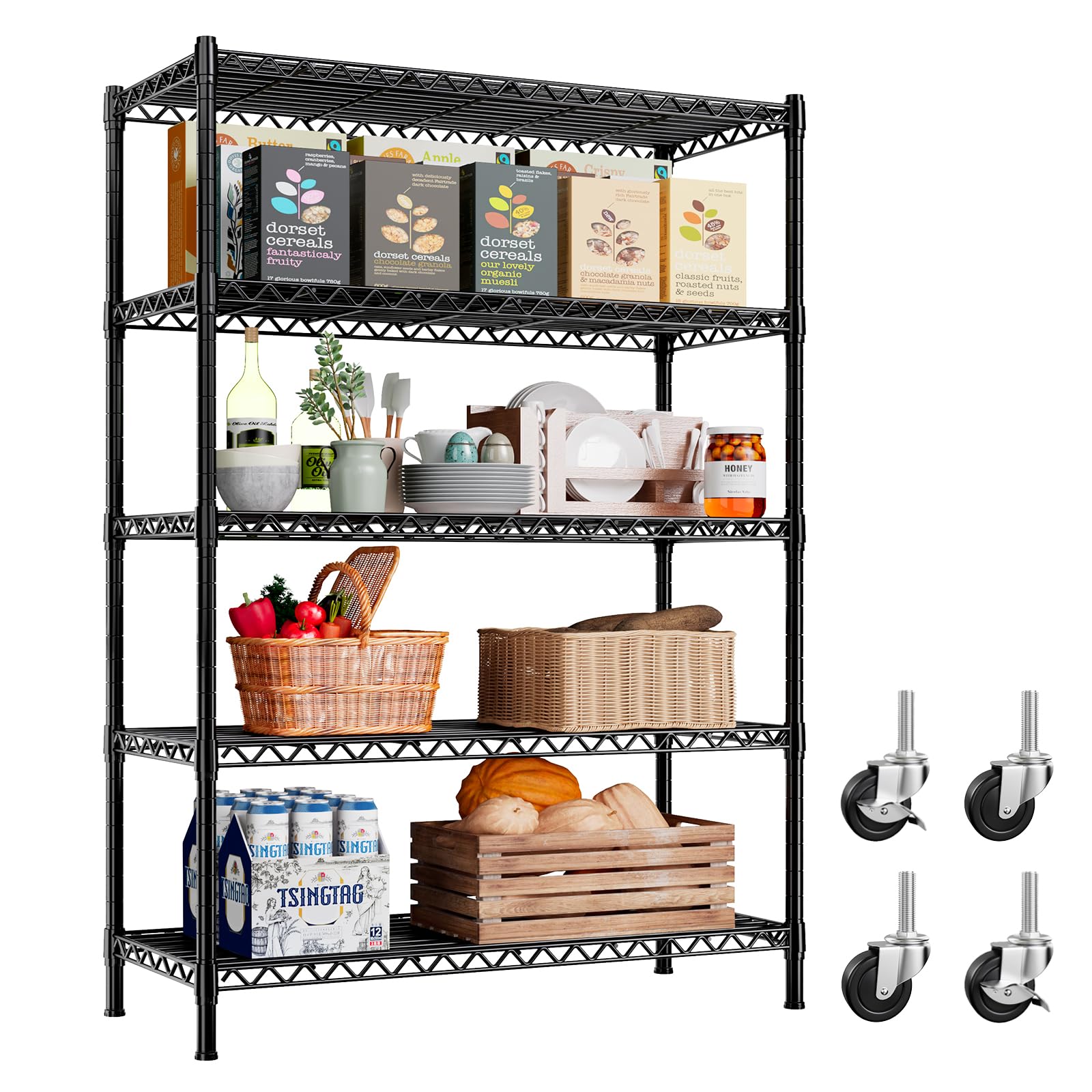 REIBII 73''H Storage Shelves 1660LBS Wire Shelving Unit with Wheels 5 Tier Metal Shelving,Heavy Duty Metal Shelves for Storage Rack,Commercial Industrial for Garage Kitchen 73''HX35''WX15''D,Black