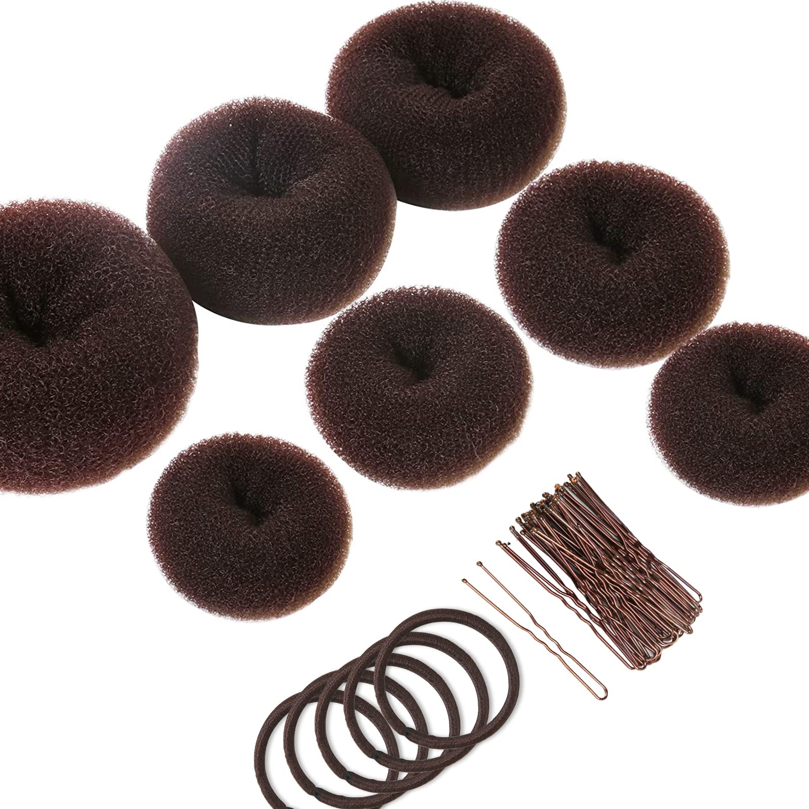 Teenitor Dark Brown Hair Donut Bun Maker Set, 7pcs Hair Donut Bun Ring with 5pcs Brown Elastic Hair Bands with 20pcs Hair Pins, Hair Bun Doughnut for Ballet Girls Kids, Extra Large Medium Small