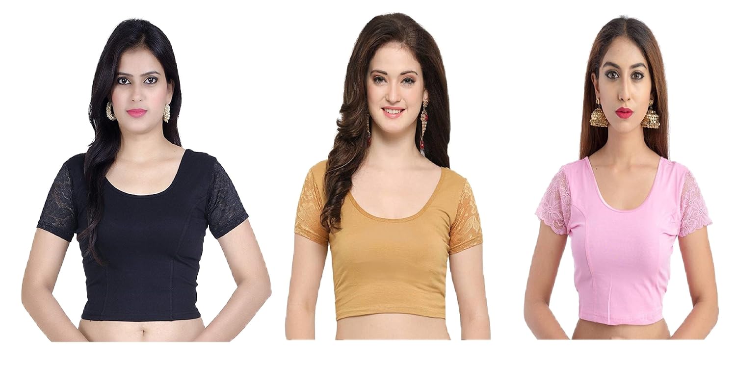 fressia fabrics women's stretchable readymade saree blouse crop top choli pack of 3