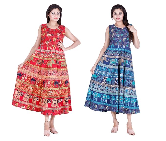 Combo Women`s Long Cotton Jaipuri Maxi Dress Set of 2 Maxi Dress (Free Size, Size-S-XXL) Blue