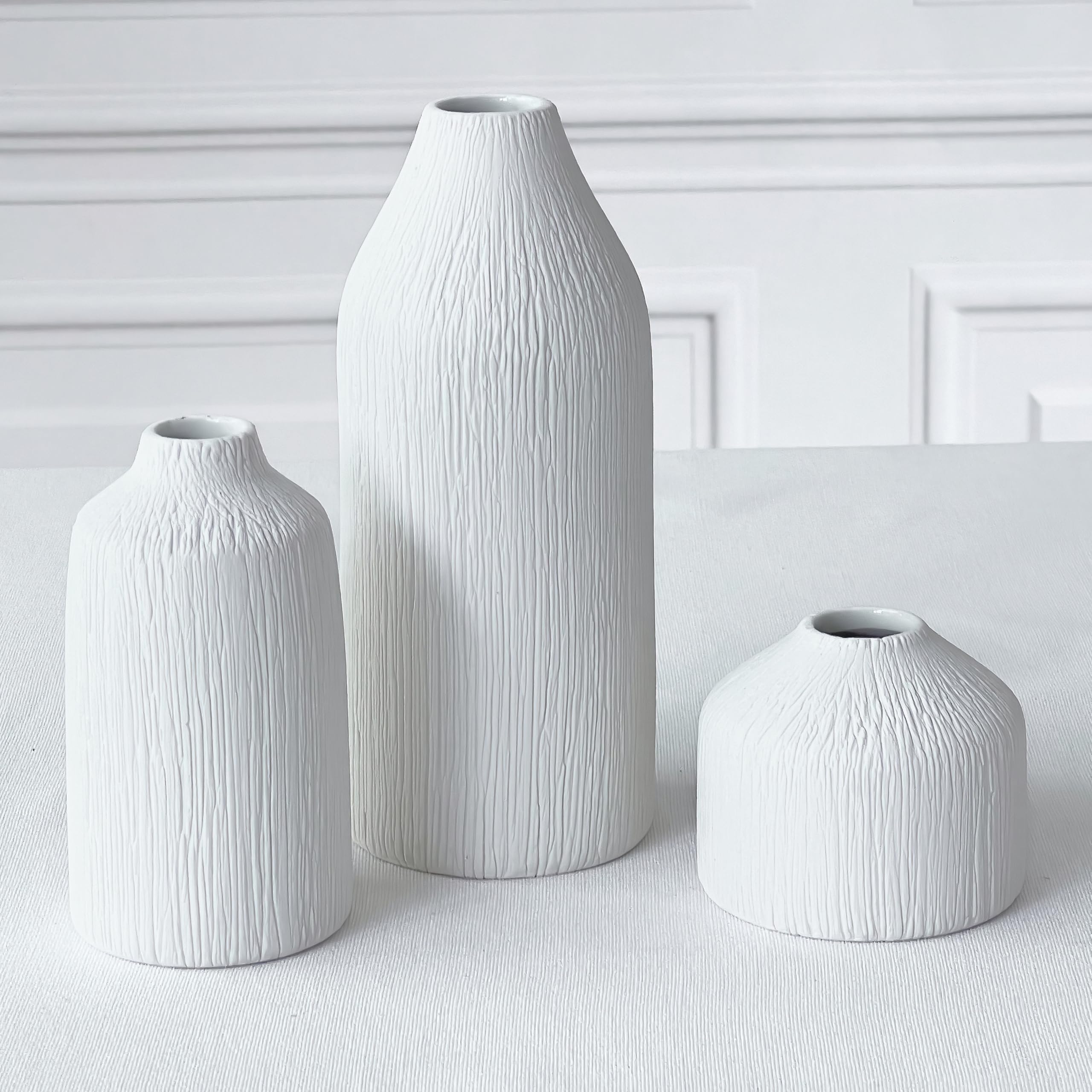 Boho Ceramic White Bud Vases by Kate Aspen (Set of 3) - Boho Flower Vase for Pampas Grass, Eucalyptus, Dry Flowers & Plants | Shelf Decor, Mantle Decoration, Modern Farmhouse Decor
