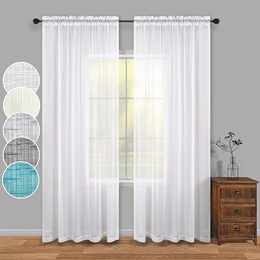 White Semi Sheer Curtains 96 Inches Long for Living Room Set 2 Panel