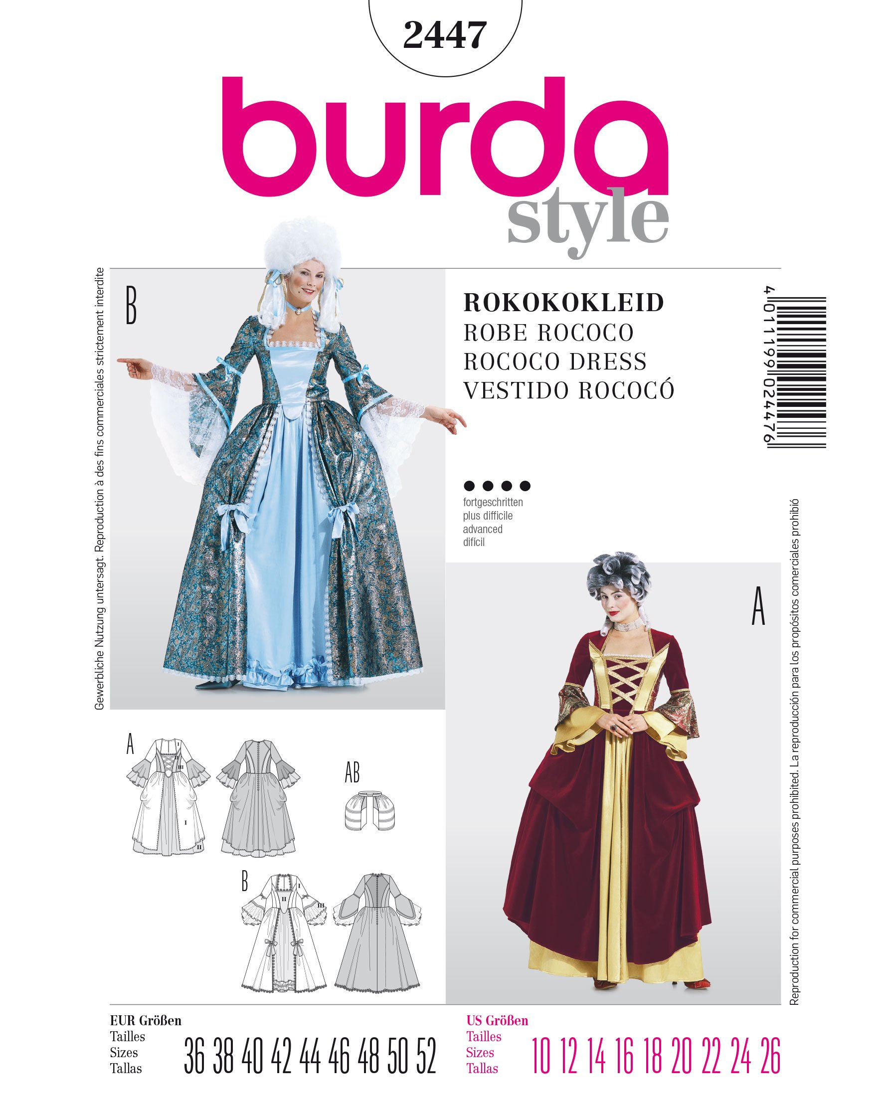 Burda B2447 - Dressmaking Pattern, Sewing Pattern for Rococo Dress - 19 x 13 cm