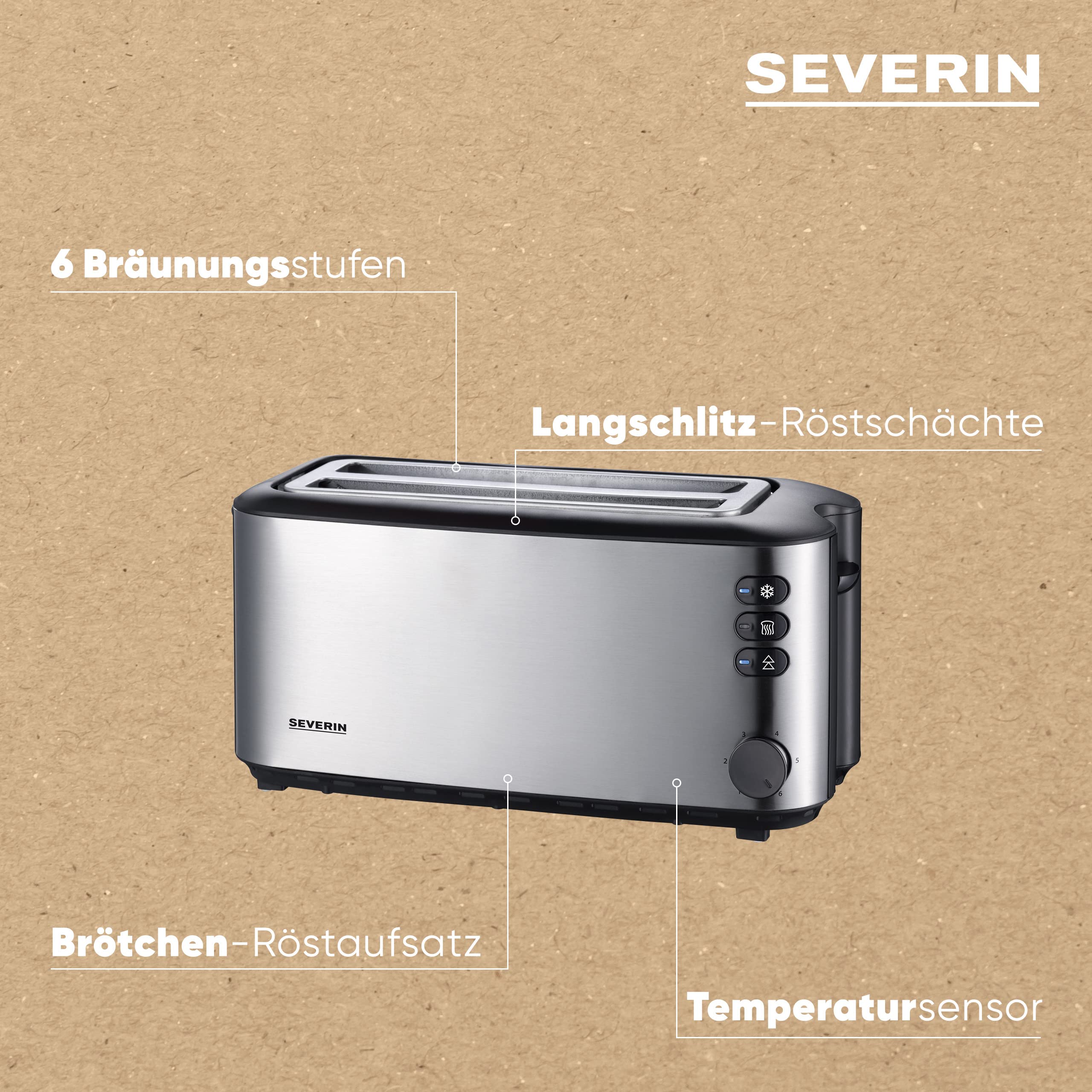 Severin Doppel-Langschlitztoaster mit eingebautem Brötchen-Aufsatz, für 4 Brotscheiben, Brotscheibenzentrierung, Aufwärm- und Defroster-Stufe, Edelstahl gebürstet, schwarz, 1.400 W, AT 2509 2