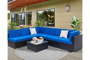 Furnimy 7 Piece Patio Furniture Sets Outdoor Sectional PE Rattan Outdoor Furniture Patio Conversation Set with Cushions and Glass Coffee Table, Clips for Balcony Lawn and Garden