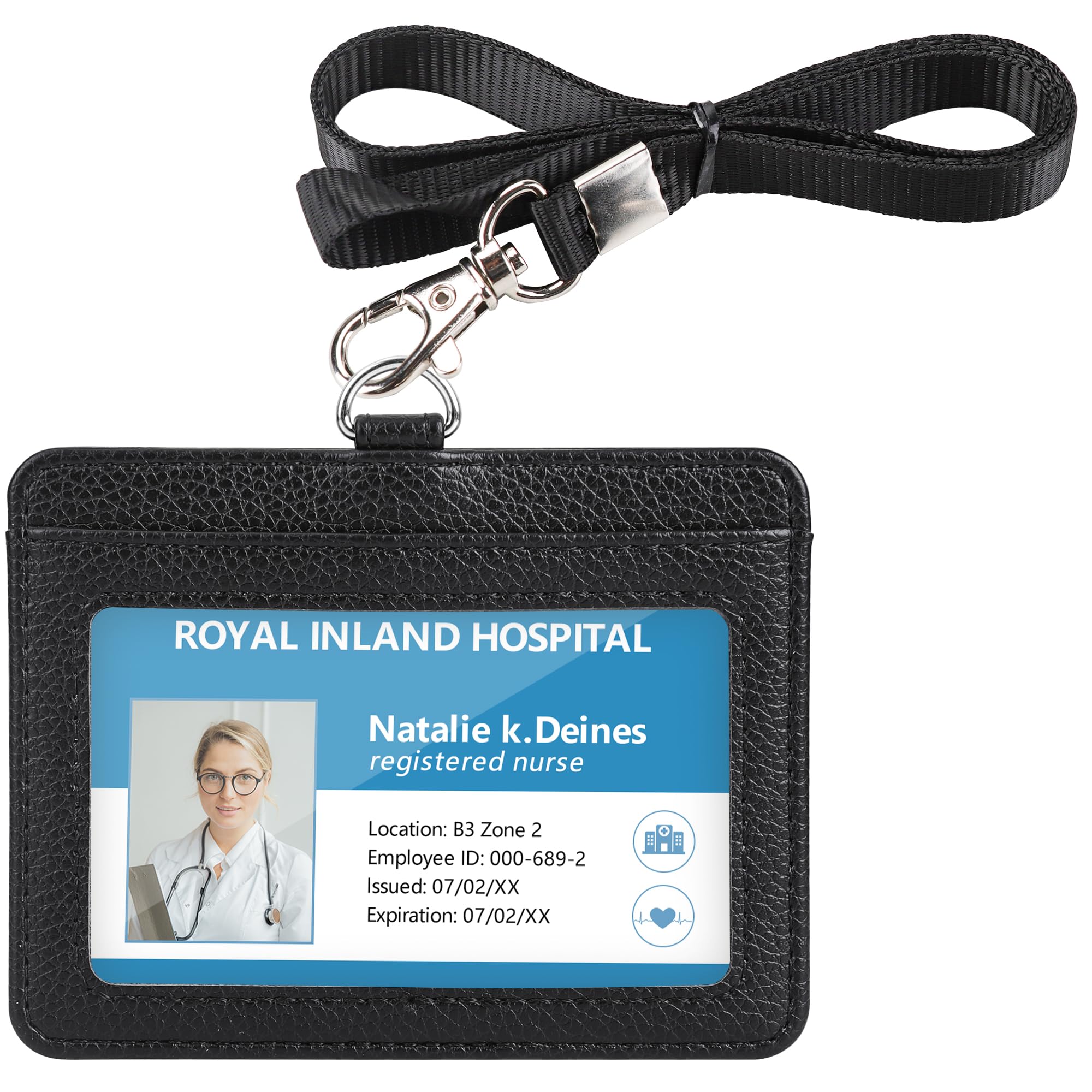Teskyer Card Holder with Lanyard, ID Badge Holder, Oyster Card Holder, Bus Pass Holder, with Clear Window, Holding 2 Cards, PU Leather, Horizontal, Black