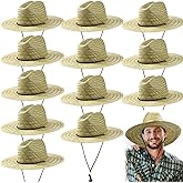 Funtery 12 Pack Straw Hat for Men Summer Large Brim Farmer Beach Sun Protection Straw Hat with Lanyard