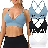 WANAYOU Sports Bras for Women, Deep V Neck Adjustable Spaghetti Strap Criss Cross Back Sports Bra Padded Gym Bralettes 3 Pack