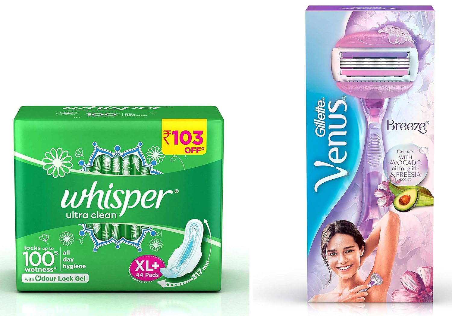 Whisper Ultra Clean Sanitary Pads - 44 Pieces (XL Plus) & Venus Breeze Hair Removal Razor for Women Combo