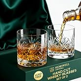 Hemswell Crystal Whisky Glasses Set of 2 11oz - Luxury Cut Glass Whiskey Rock Tumblers for Men - Old Fashioned Glassware Sets for Bourbon and Whisky with Solid Base - Satin Lined Box - Wicklow