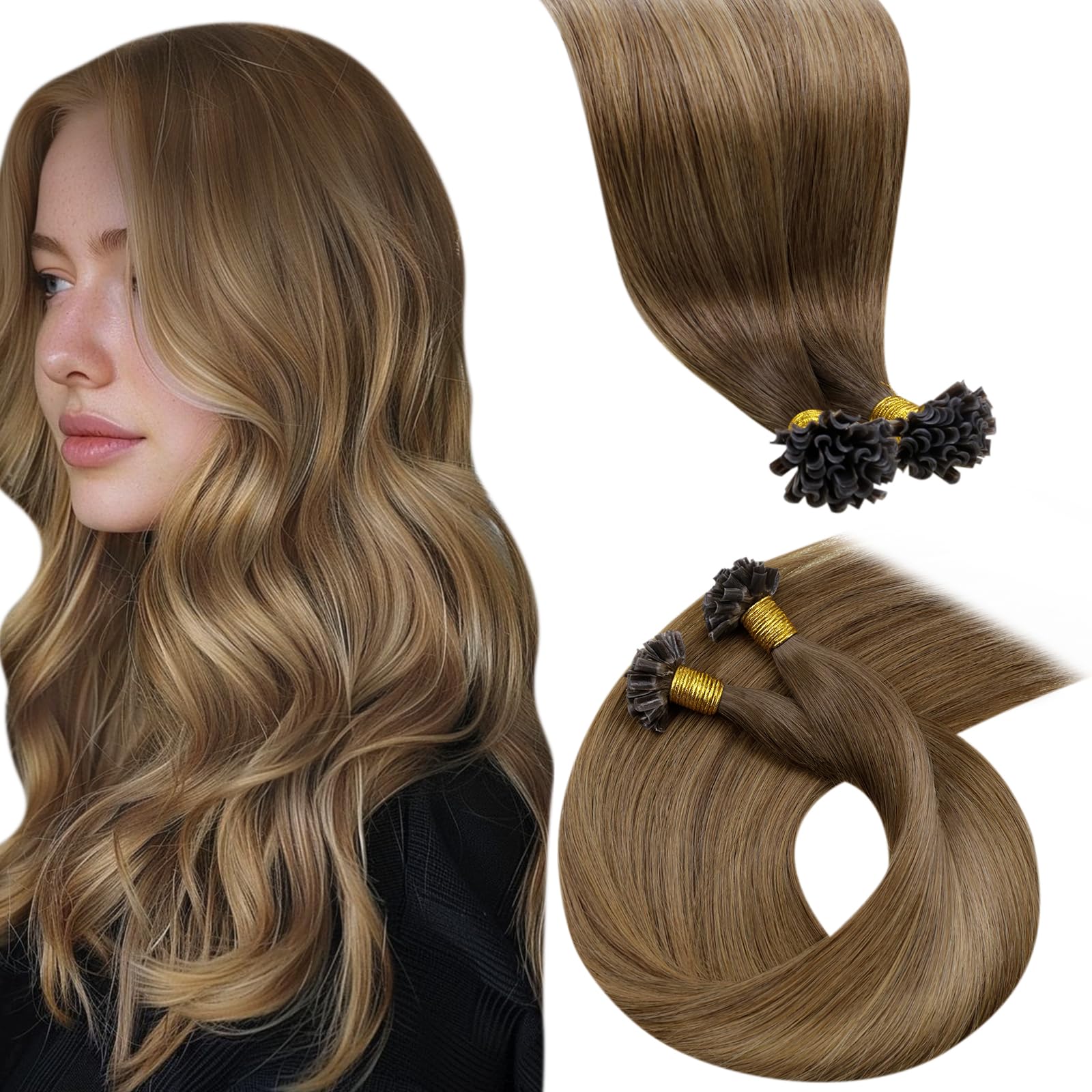 LaaVoo Brown Hair Extensions U Tip Real Human Hair, Remy Straight Balayage Brown Shadows Real Hair Extensions, Hot Fusion for Invisible & Stable 50s 50g 14 Inch #6/8/14 — image 1