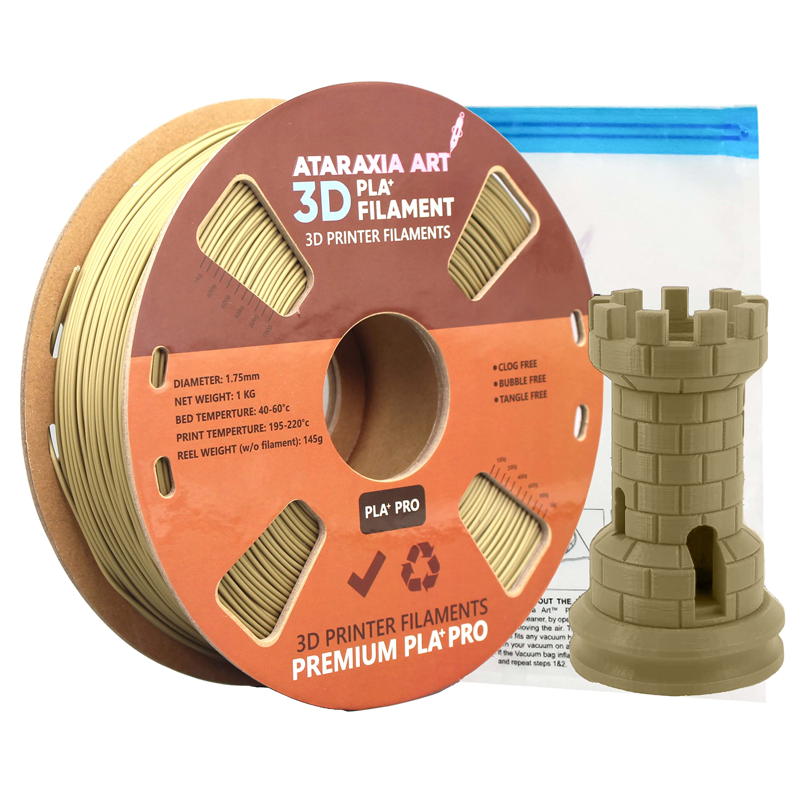 Ataraxia Art PLA 3D Printer Filament 1.75mm with Resealable Vacuum Storage Bag. Exact, Searchable Pantone Colors. Dimensional Accuracy +/- 0.03 mm, 1 KG Spool. (Gold 871 C)