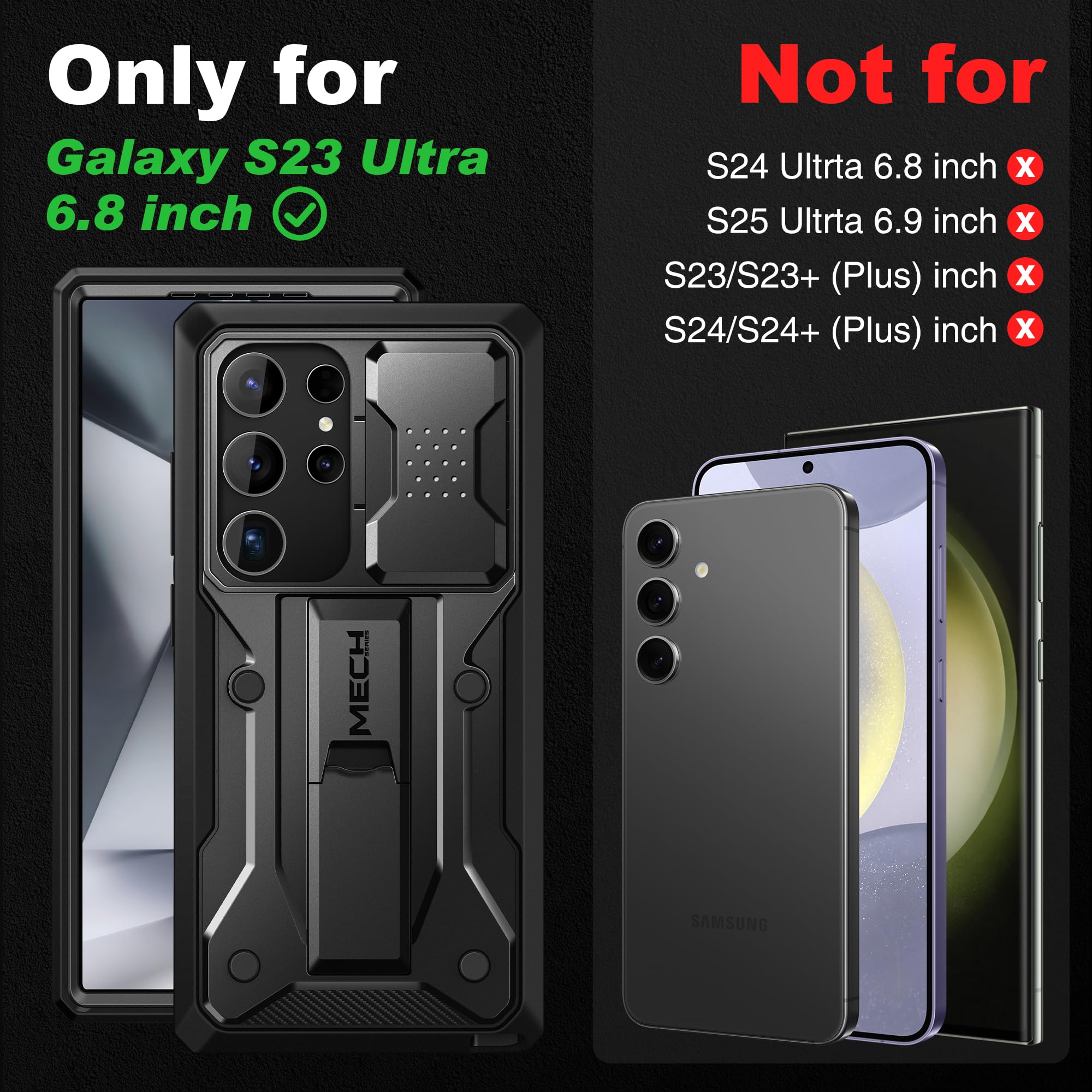 TONGATE for Samsung Galaxy S23 Ultra Case, [Built-in Slide Camera Cover & Screen Protector] [2 Front Frame] Military Grade Shockproof S23 Ultra Phone Case with Kickstand & Belt-Clip 6.8