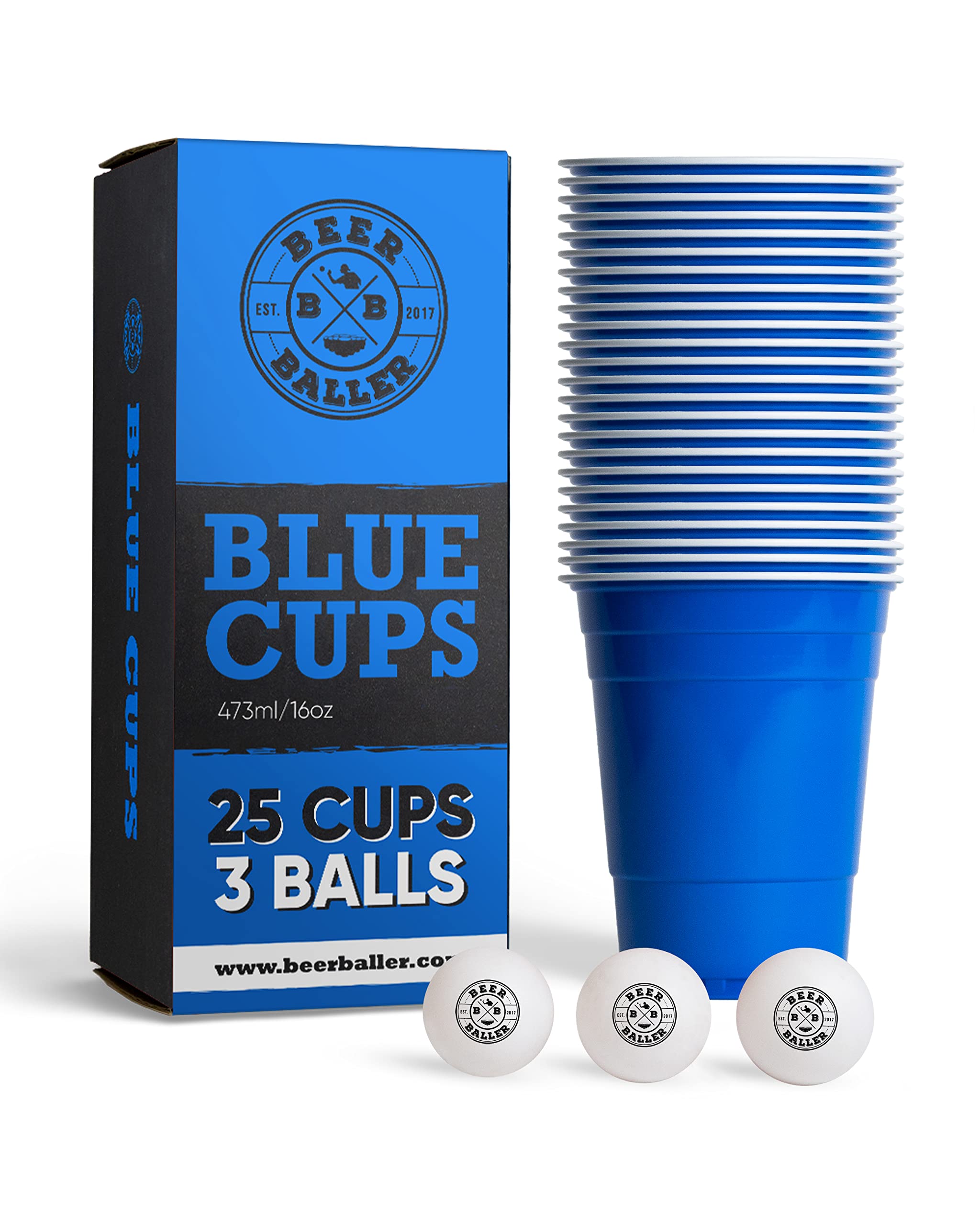 BeerBaller® Blue Cups - 25 Blue Beer Pong Cups & 3 Beer Pong Balls | Dishwasher Safe & Reusable | 473ml - 16oz Party Cups | Beer Pong Cups Set | Original American Beerpong Cups — image 1