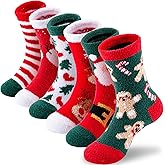 HONGTEYA Girls Kids Fuzzy Socks with Grips Toddler Non Slip Slipper Socks Crew Fluffy Warm Winter Sock 6 Pairs for 4-12 Years