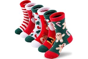 HONGTEYA Girls Kids Fuzzy Socks with Grips Toddler Non Slip Slipper Socks Crew Fluffy Warm Winter Sock 6 Pairs for 4-12 Years