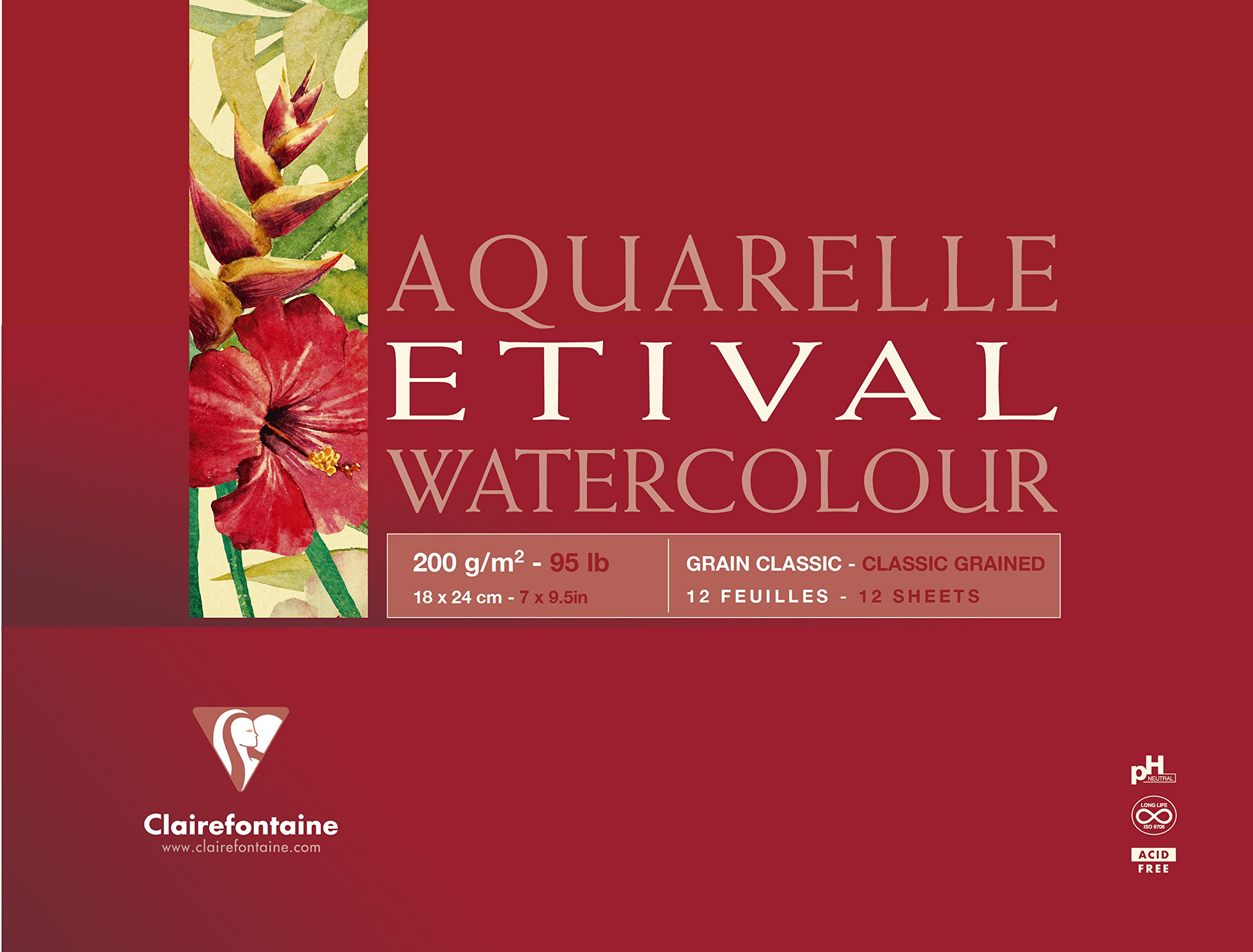 Clairefontaine - Ref 96377C - Etival Classic Grained Glued Watercolour Painting & Drawing Pad (10 Sheets of Paper) - 18 x 24cm - 200gsm Cellulose Art Paper