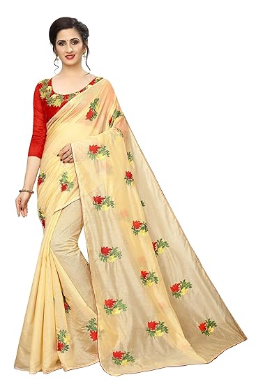 Women's Cotton Silk Embroidery Work Saree with Unstitched Blouse Piece (Cottonwork)
