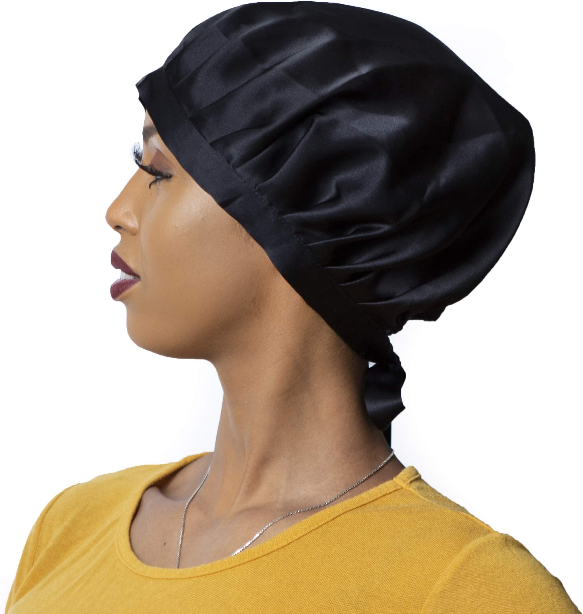 ASOYA Silk Black Hair Bonnet for Women; Natural Hair Average Size Pure Silk for Natural Hair Protection and Hair Growth, Women Sleep Cap, Silk Bonnet for Curly Hair, Adjustable Comfortable Hair Bonnet