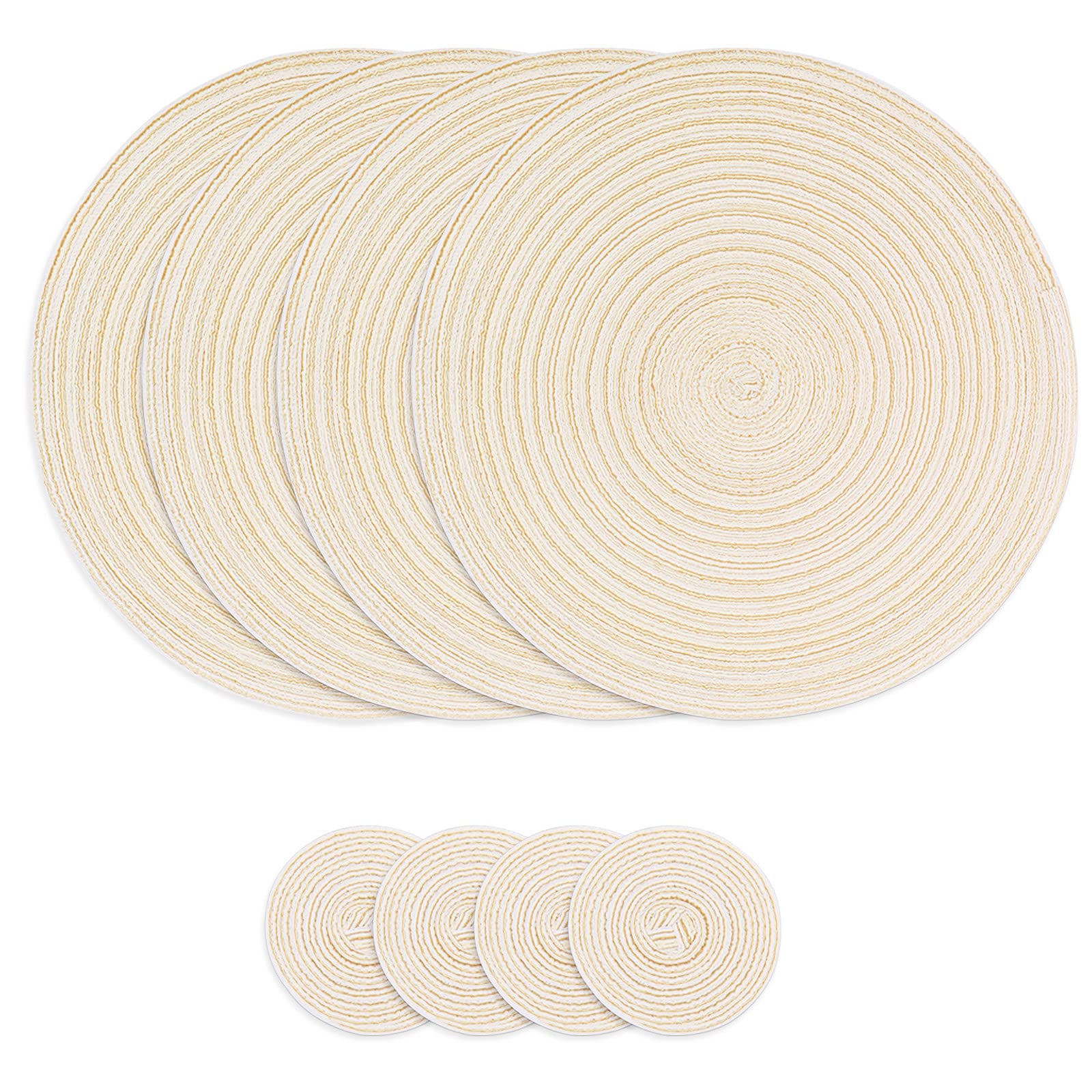 Woven Round Placemats Set, 4 Pcs 38cm Table Cotton Placemats and 4 Pcs 11cm Coaster, Heat Resistant Washable Table Mats for Kitchen, Dining Table (Beige)