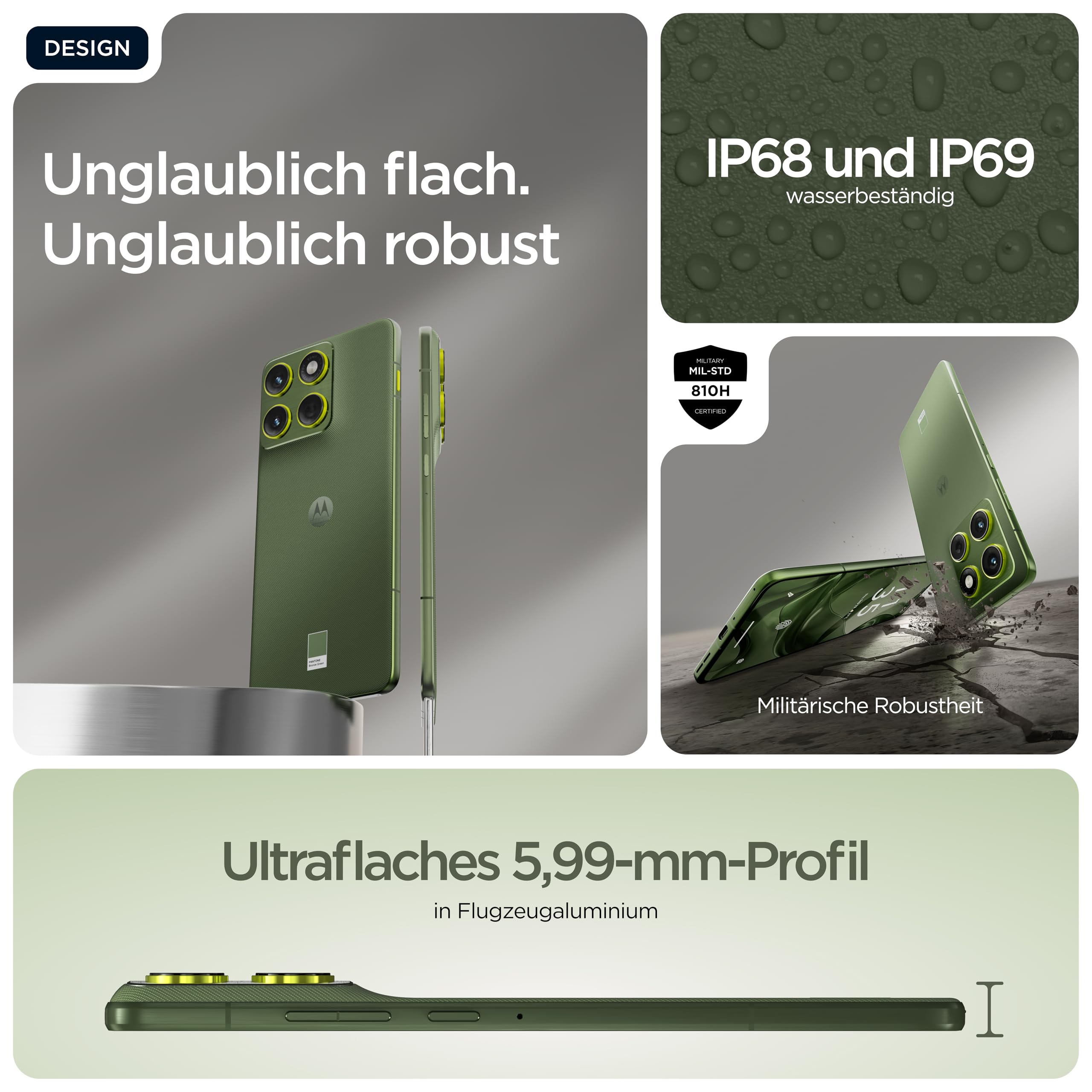 Motorola Edge 70 Smartphone (Robustes 6,67"-pOLED-Display mit Gorilla Glass 7i, 50-MP-Kamera, 12-512 GB, Wasser- und hitzebeständig, 68W-TurboPower-Aufladen), Pantone Bronze Green, inkl. Magnetcover 2